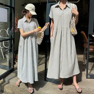 [데일리앤] 어반 루즈핏 캡소매 스트라이프 지지미 반팔 롱 셔츠 원피스 여름 휴양지 빅사이즈