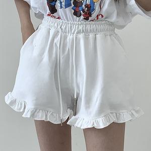 밑단프릴 포켓쭈리 밴딩반바지 여성데일리 면캐주얼 치마바지 트레이닝팬츠