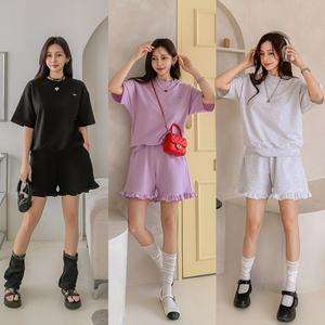 [렛잇샤인]빅사이즈 럽플 반팔 맨투맨+밑단프릴 반바지 세트