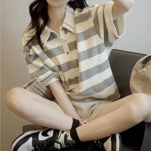 스트라이프 더블 카라 폴로 반팔 셔츠 여성 여름 칼라 단가라