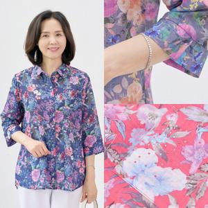 마미소 플라워 오픈 카라 블라우스 꽃무늬 아사면50 여름 엄마 할머니 빅사이즈 40 60 마담 중년 여성 옷