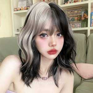 여자 투톤 숏 웨이브 가발 50cm 반반 여성 아이돌 웨이브 헤어