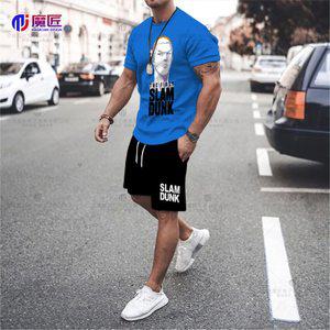 슬램덩크 프린트 스포츠웨어 남성 스포츠 정장 티셔츠 반바지 2 피스 세트 애니메이션 캐릭터 운동