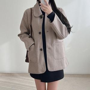여자 겨울 러블리 심플 라운드 카라넥 모직 하프 코트