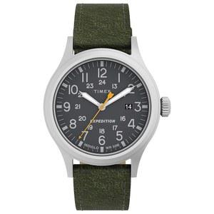 타이멕스 timex 남성 익스페디션 스카우트 40mm 시계 u2013 실버톤 케이스 블랙 다이얼과 그린 가죽 스트랩
