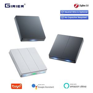 투야 스마트봇GIRIER ZigBee 벽 스위치 Tuya 스마트 버튼 조명 1234 갱 지원 중립 또는 와이어 없음 Alexa