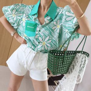 알로하 플라워 패턴 배색 카라 포켓패치 스트링 벌룬 퍼프 반팔 여름 셔츠 블라우스 (3color)