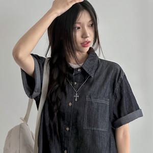 하이제시카 / 오버핏 여름셔츠 썸머 빈티지 데님 생지 카라 반팔 셔츠 청남방
