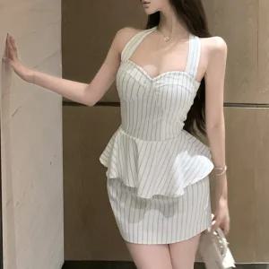 채핏 백스모크 홀터페플럼 원피스 하트넥 나시 스트라이프 슬림 섹시 글램 민소매 미니 ops 셔링 홀복