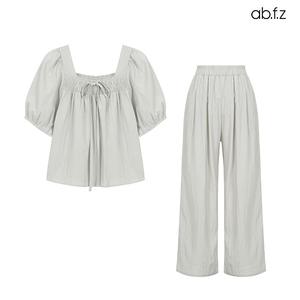 [ab.f.z] 스모크 리본 반팔 블라우스 와이드 밴딩 팬츠 SET (AFZ2MBA2A)