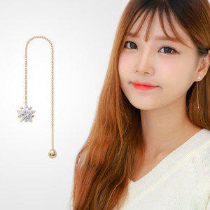 14K GOLD 큐빅 별 롱 체인 드롭 금 피어싱 귀걸이