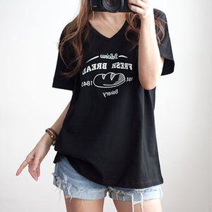 여성 식빵 브이넥 흰색 면티 여름 프린트 검정 v넥 편한 루즈핏 반팔 티 티셔츠