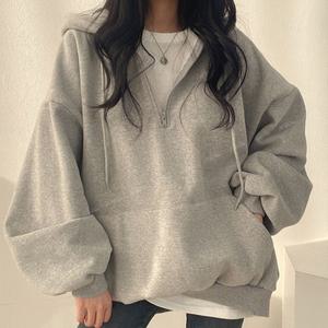 여성 오버핏 기모후드 반집업 데일리 그레이 후드티