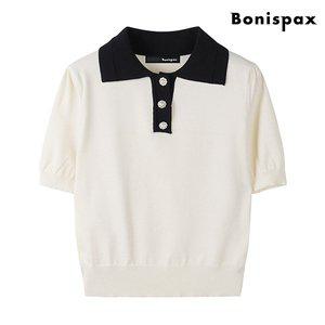 [보니스팍스]배색 카라 비스코스 진주 버튼 반팔 니트 (XO1KT026L0)