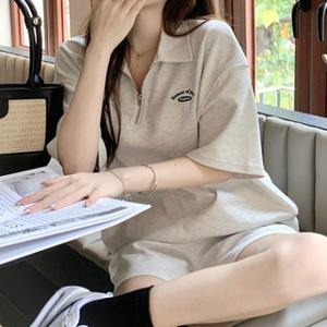 여자 여성 하프 집업 반팔 티셔츠 반 바지 2종 세트 트레이닝 추리닝 봄 여름