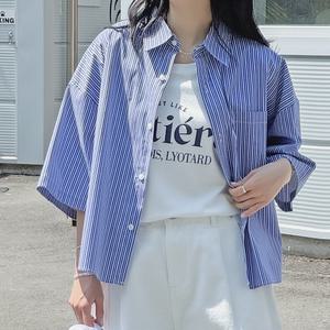 스트라이프 세미 크롭 반팔 셔츠 루즈핏 카라넥 여성 빅사이즈