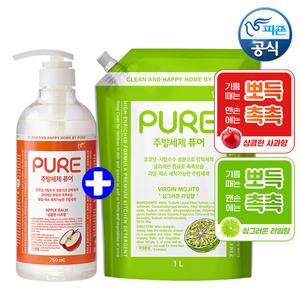 피죤 퓨어 프리미엄 1종 주방세제 750ml+1000ml (용기+리필) 안심성분/피부보호/고농축 세정력