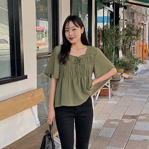 핫핑 라모니 스퀘어넥 스모크밴딩 셔링 윙소매 쉬폰 반팔블라우스