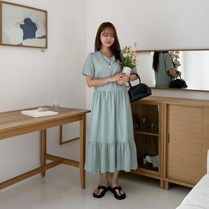 라운드넥 펀칭 프릴 롱원피스 어깨퍼프 비일랑