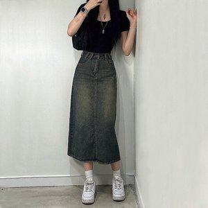 [갓샵]여성 데님 워싱 롱 청 스커트 뒷트임 청치마 [Y2K A라인 긴 치마 하이웨스트 와이드 트임 여자]