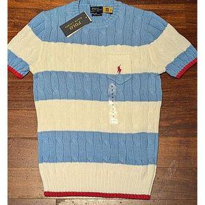 Ralph Lauren 폴로 랄프 로렌 반팔 케이블 니트 크루넥 스웨터(라이트 블루  화이트)