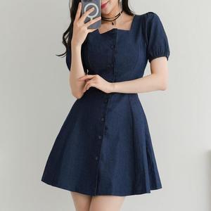 여자 여름 데님 스퀘어넥 반팔 미니 원피스_3