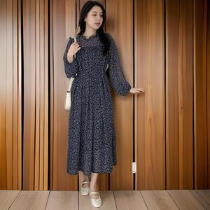 여성 꽃무늬 프릴 허리끈 쉬폰 롱드레스