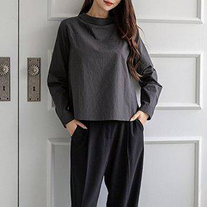 [샵앤]여성 터틀 라인 퍼프 긴팔 무지 블라우스 SML-WBL-12127-진그레이-z