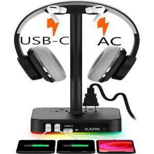 KAFRI RGB 헤드폰 스탠드 USB A  C 충전기 책상 게임 헤드셋 홀더 행거 랙 3 충전 포트 및 2 콘센트 - 게이