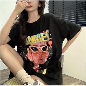프린팅 반팔 여성 티셔츠 오버핏 롱티 t-08-L