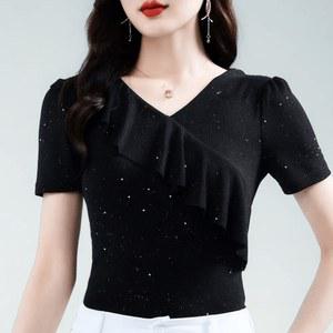 프릴 트레이닝 상의 여자 스판 요가복 퀵드라이 데 테스 라운드넥 헬스
