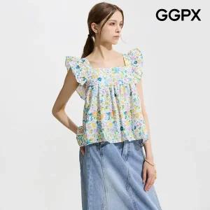 [GGPX] 백 스모크 리본 플라워 러플 블라우스 (GP6SH051F)