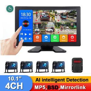 10.1 터치 스크린 4 웨이 DVR 녹화 모니터 BSD AHD 1080P 4CH 차량 후방 카메라 AI 감지 캠핑카 트럭 RV 용