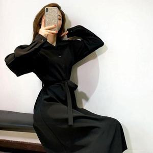 [셀러허브]여성 허리끈데일리 코트 느낌 카라 롱원피스 시크 올 블랙 (S31583674)