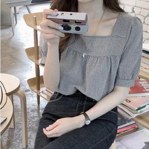 블라우스 체크 셔츠 여름 여성 데일리 출근룩 스퀘어룩