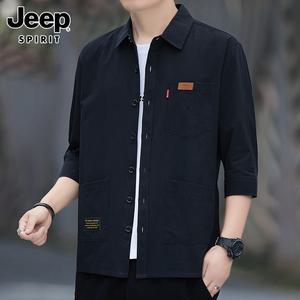 JEEP SPIRIT 반팔 셔츠 남성용 여름 루즈 7부 소매 캐주얼 코튼 셔츠
