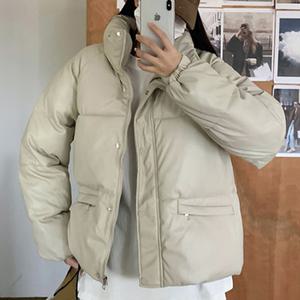 여성 빵빵 볼륨 가죽 패딩 점퍼 캐주얼 하프 코트 인조 레더 가벼운 하이넥 아우터 잠