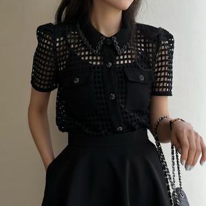 펀칭 셔츠 시스루 포인트 블랙 벌룬 여름 반팔 블라우스
