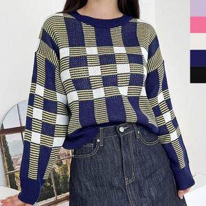 여성 체크 1P 세미 봄가을 니트티 맨투맨 티셔츠 크롭