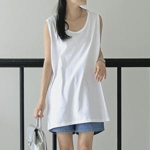 레이어드 U넥 민소매 롱나시 면 여성 빅사이즈