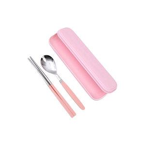 파스텔 휴대용 도시락수저케이스, 분홍 + 픽미 아동 숟가락 + 젓가락, 분홍
