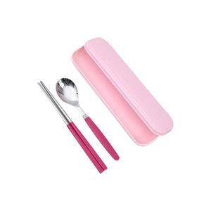 파스텔 휴대용 도시락수저케이스, 분홍 + 픽미 아동 숟가락 + 젓가락, 핫핑크