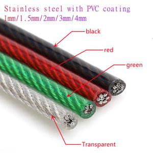 10M ~ 100 메터/몫 1mm 1.5mm 2mm 3mm 4mm 녹색/빨간색/검은색/투명 색상 PVC 플라스틱 코팅 스테인레스 스틸 304 와이어 로프 케이블