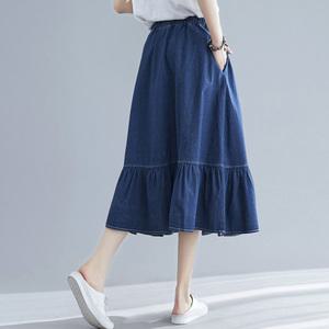 밴딩 풍성한 a라인 프릴 캉캉 여성 청데님 롱스커트