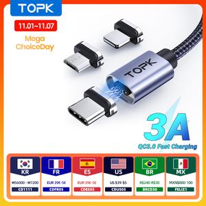 TOPK 마그네틱 충전 케이블 3A 마이크로 USB C 케이블 iphone 호환 안드로이드 장치용 Led 라이트 자석 핸