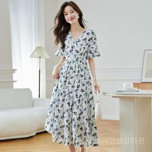루즈핏 빅사이즈 원피스 하객 쉬폰 여름 하이웨스트 플리츠 반팔 여성 휴양지