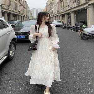 화이트 쉬폰 프릴 긴팔 원피스 여름 바캉스 요정 롱스커트 선녀 스커트