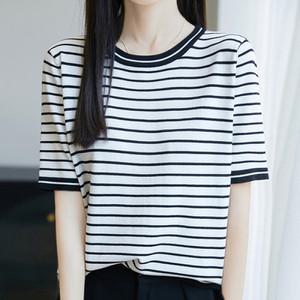 나바바 / NK2981 여성 단가라 데일리 라운드넥 반팔 니트티