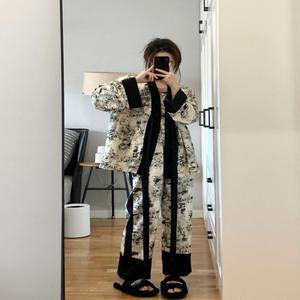 여성 일본풍 롱로브 기모노 슬리브 국풍 수묵 프린트 긴팔 잠옷 여 여름 고급감