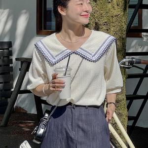 지지미 세일러 레이스 카라 퍼프 반팔 블라우스 여성 빅사이즈